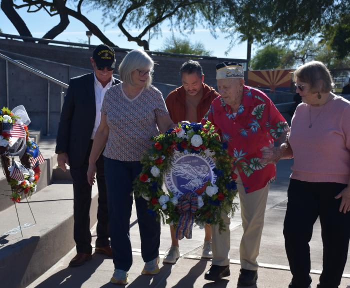 Pearl Harbor survivor Ed Miklavcic Sr. places the Pearl Harbor Survivors wreath at Wesley Bolin Plaza during the Commemorating Pearl Harbor Day Ceremony hosted by Honoring America's Veterans on December 9th